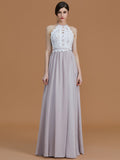 A-Line/Princess Halter Sleeveless Floor-Length Lace Chiffon Bridesmaid Dresses TPP0005137