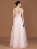 A-Line/Princess Short Sleeves Lace Spaghetti Straps Ruched Sweetheart Floor-Length Tulle Bridesmaid Dresses TPP0005826