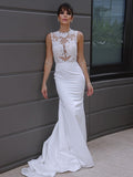 Trumpet/Mermaid Sleeveless Applique Scoop Satin Court Train Wedding Dresses TPP0006530