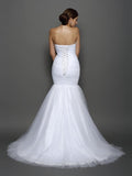 Trumpet/Mermaid Sweetheart Pleats Sleeveless Long Net Wedding Dresses TPP0006341