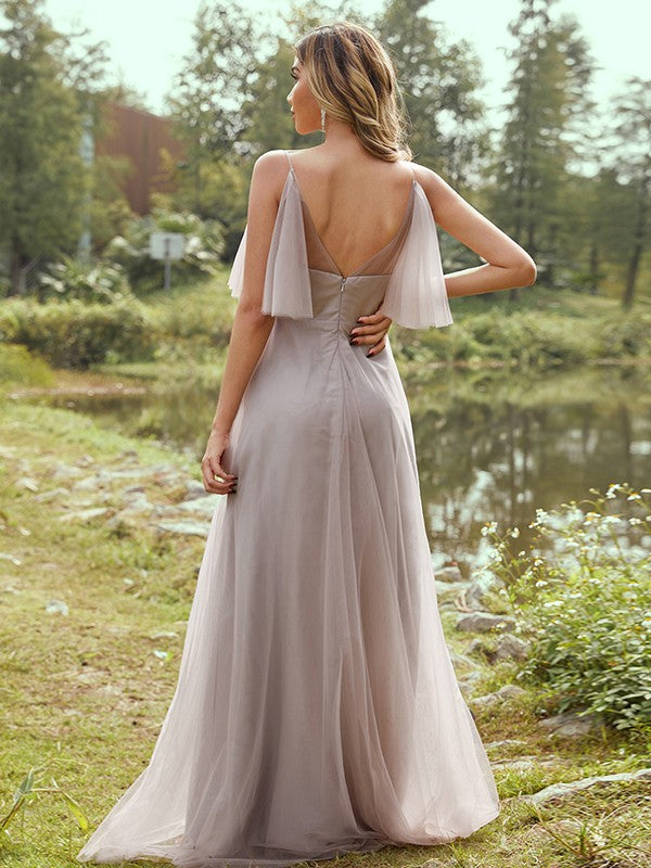 A-Line/Princess Tulle Ruffles V-neck Sleeveless Floor-Length Bridesmaid Dresses TPP0004945