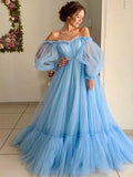 A-Line/Princess Tulle Applique Off-the-Shoulder Long Sleeves Floor-Length Dresses TPP0001383