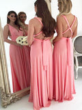A-Line/Princess V-neck Floor-Length Spandex Sleeveless Bridesmaid Dresses TPP0005512