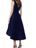 A-Line/Princess V-neck Sleeveless Tea-Length Satin Bridesmaid Dresses TPP0005167