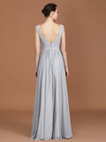 A-Line/Princess V-neck Sleeveless Floor-Length Chiffon Lace Bridesmaid Dress TPP0005698
