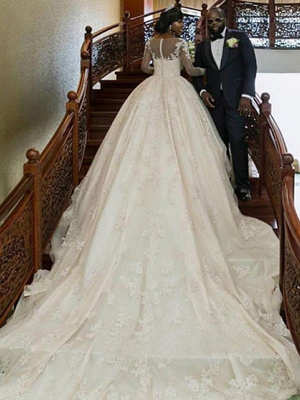Ball Gown Bateau Long Sleeves Sweep/Brush Train Applique Satin Wedding Dresses TPP0006453