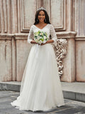A-Line/Princess Ruched Sweetheart Tulle 3/4 Sleeves Sweep/Brush Train Wedding Dresses TPP0005935