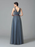 A-Line/Princess Straps Sash/Ribbon/Belt Sleeveless Long Net Bridesmaid Dresses TPP0005595