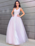 A-Line/Princess V-neck Sleeveless Applique Tulle Floor-Length Dresses TPP0001522