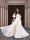 A-Line/Princess Tulle Applique V-neck 1/2 Sleeves Court Train Wedding Dresses TPP0006001