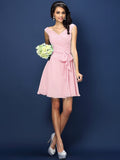 A-Line/Princess V-neck Pleats Bowknot Sleeveless Short Chiffon Bridesmaid Dresses TPP0005372