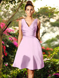 A-Line/Princess V-neck Ruched Sleeveless Short Satin Bridesmaid Dresses TPP0005404