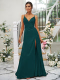 A-Line/Princess Silk like Satin Ruched V-neck Sleeveless Floor-Length Bridesmaid Dresses TPP0004934