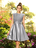 A-Line/Princess High Neck Bowknot Sleeveless Short Satin Bridesmaid Dresses TPP0005229