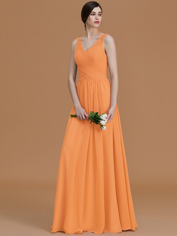 A-Line/Princess V-neck Sleeveless Floor-Length Beading Chiffon Bridesmaid Dresses TPP0005456