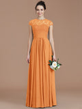 A-Line/Princess Jewel Short Sleeves Lace Floor-Length Chiffon Bridesmaid Dresses TPP0005179
