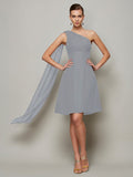 A-Line/Princess One-Shoulder Sleeveless Pleats Short Chiffon Bridesmaid Dresses TPP0005095