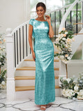 Sheath/Column Sequins Ruched Scoop Short Sleeves Floor-Length Bridesmaid Dresses TPP0004938