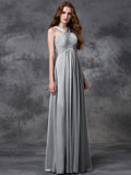 A-line/Princess Straps Ruched Sleeveless Long Chiffon Bridesmaid Dresses TPP0005379