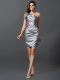 Sheath/Column One-Shoulder Pleats Sleeveless Short Elastic Woven Satin Bridesmaid Dresses TPP0005605