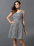 A-Line/Princess V-neck Lace Sleeveless Short Satin Bridesmaid Dresses TPP0005415