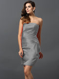 Sheath/Column Strapless Ruched Sleeveless Short Satin Bridesmaid Dresses TPP0005761