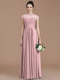 A-Line/Princess Jewel Short Sleeves Lace Floor-Length Chiffon Bridesmaid Dresses TPP0005179