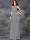 A-line/Princess Jewel Ruched Sleeveless Long Chiffon Bridesmaid Dresses TPP0005189