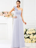 A-Line/Princess One-Shoulder Hand-Made Flower Sleeveless Long Chiffon Bridesmaid Dresses TPP0005311