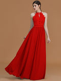 A-Line/Princess Halter Sleeveless Floor-Length Lace Chiffon Bridesmaid Dresses TPP0005137