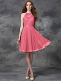 A-line/Princess Halter Lace Sleeveless Short Chiffon Bridesmaid Dresses TPP0005310