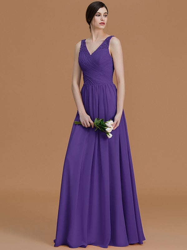 A-Line/Princess V-neck Sleeveless Floor-Length Beading Chiffon Bridesmaid Dresses TPP0005456