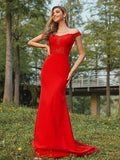 Sheath/Column Jersey Applique Off-the-Shoulder Sleeveless Sweep/Brush Train Bridesmaid Dresses TPP0005003