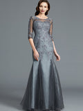 Sheath/Column Scoop Applique 1/2 Sleeves Tulle Floor-Length Mother of the Bride Dresses TPP0007147