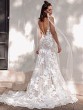 Sheath/Column Tulle Applique Sleeveless V-neck Sweep/Brush Train Wedding Dresses TPP0005908