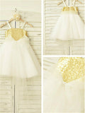 A-line/Princess Spaghetti Straps Sleeveless Sequin Tea-Length Tulle Flower Girl Dresses TPP0007863