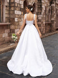A-Line/Princess Satin Ruffles Straps Sleeveless Sweep/Brush Train Wedding Dresses TPP0006084