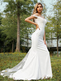 A-Line/Princess Charmeuse Lace Off-the-Shoulder Sleeveless Sweep/Brush Train Bridesmaid Dresses TPP0004991