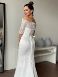 Sheath/Column Lace Ruffles Off-the-Shoulder 1/2 Sleeves Sweep/Brush Train Wedding Dresses TPP0005995