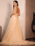 A-Line/Princess Lace Applique V-neck Sleeveless Sweep/Brush Train Wedding Dresses TPP0006491