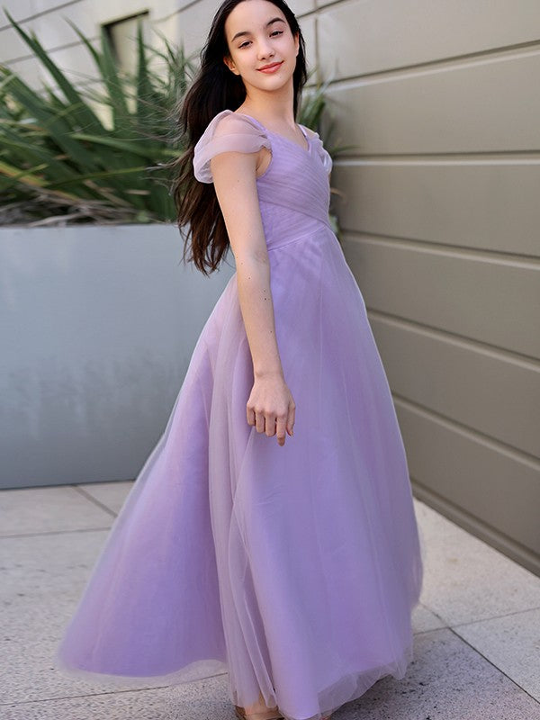 A-Line/Princess Tulle Ruched V-neck Short Sleeves Floor-Length Junior/Girls Bridesmaid Dresses TPP0005881