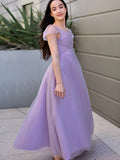 A-Line/Princess Tulle Ruched V-neck Short Sleeves Floor-Length Junior/Girls Bridesmaid Dresses TPP0005881