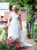 A-Line/Princess Off-the-Shoulder Tulle Applique Sleeveless Sweep/Brush Train Wedding Dresses TPP0005895