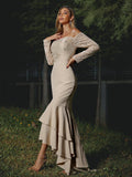 Trumpet/Mermaid Stretch Crepe Lace Off-the-Shoulder Long Sleeves Asymmetrical Bridesmaid Dresses TPP0004952