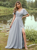 A-Line/Princess Chiffon Ruffles V-neck Short Sleeves Floor-Length Bridesmaid Dresses TPP0004977