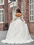 A-Line/Princess Tulle Applique Off-the-Shoulder Long Sleeves Sweep/Brush Train Wedding Dresses TPP0005915
