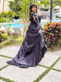 A-Line/Princess Satin Lace Bateau Long Sleeves Asymmetrical Plus Size Dresses TPP0001484