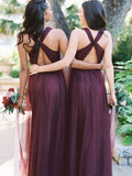 A-Line/Princess Floor-Length Halter Tulle Sleeveless Ruffles Bridesmaid Dresses TPP0005327