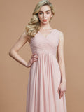 A-Line/Princess V-neck Sleeveless Ruched Floor-Length Chiffon Bridesmaid Dresses TPP0005343