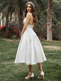 A-Line/Princess Ruffles V-neck Sleeveless Satin Tea-Length Wedding Dresses TPP0005969
